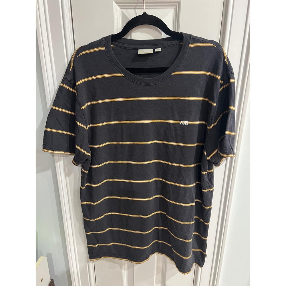 Vans Mens XL Striped Short Sleeve T-Shirt Black Yellow Embroidered Logo Tee